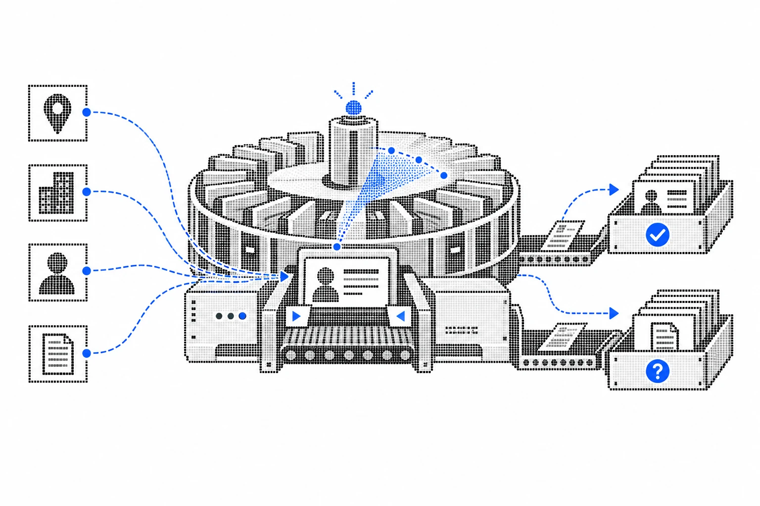 Dot-matrix archive machine sorts public sources into confirmed and unresolved identity records